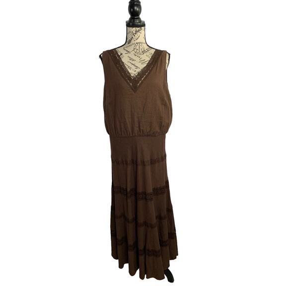 Perceptions Women Size 16 Maxi Dress Lace Trim A Line Side Zip Linen Blend Brown - Picture 1 of 10